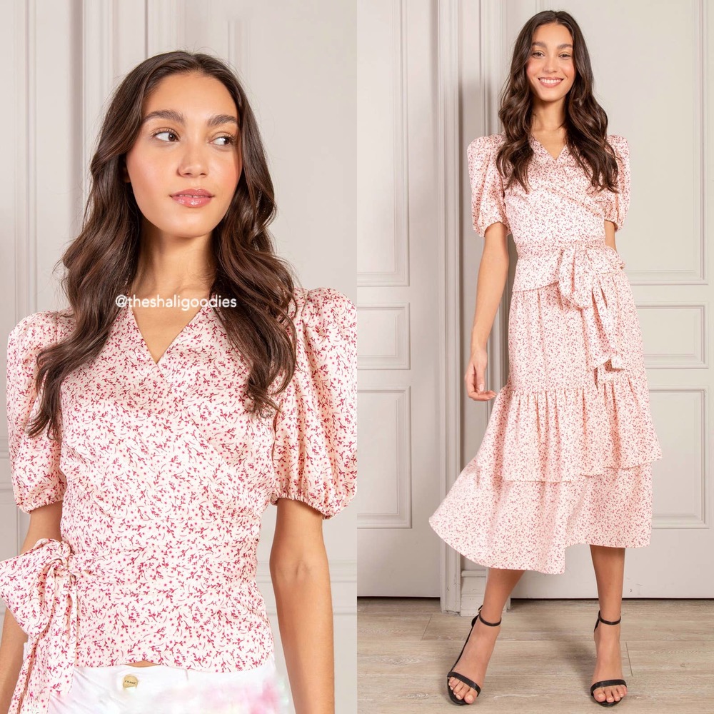 SENLIS Leila Short Sleeve Wrap Top Pink Floral